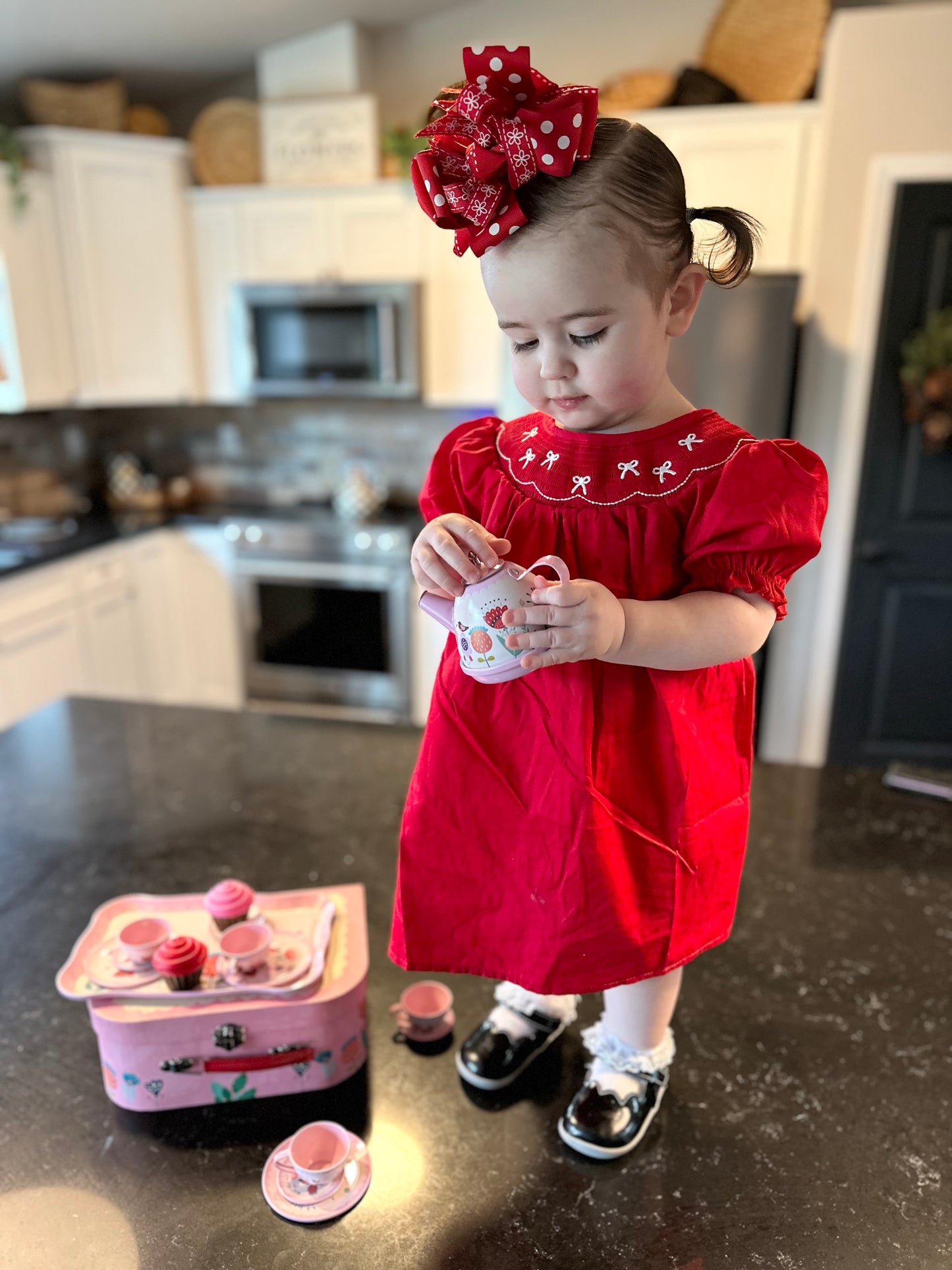 Bow Embroidered Smocked Red Dress