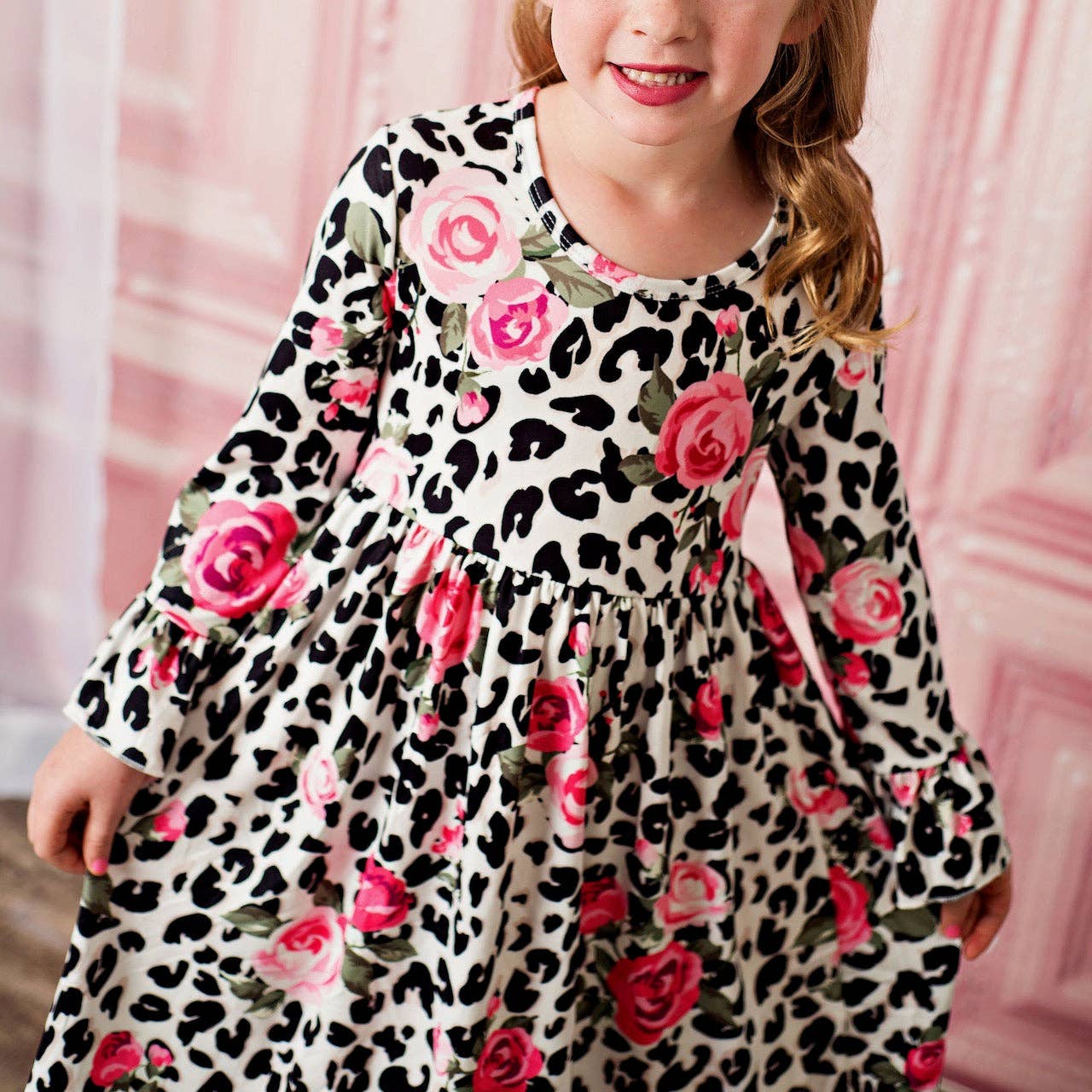 Claire Pink Rose Cheetah Twirl Dress