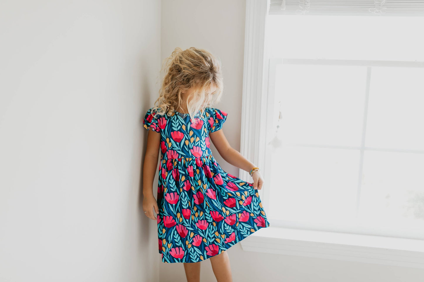 Blue Floral Flutter Sleeve Dress