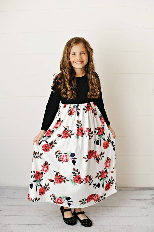 Black Long Sleeve Rose Print Maxi