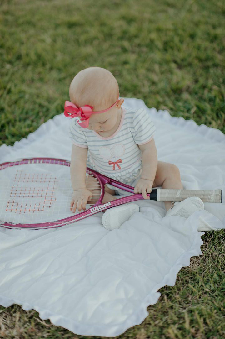 Blue stripe badminton racket appliqué baby romper - Braxton Rayemyer 