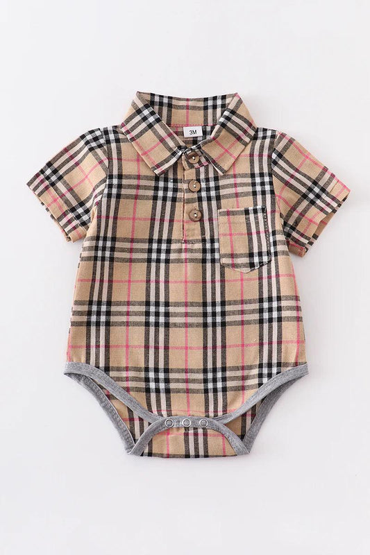 Honeydew - Brown Plaid Button Down Baby Romper - Braxton Rayemyer 