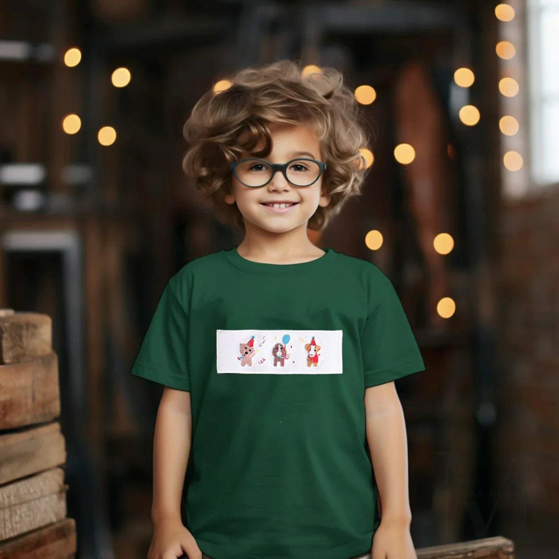 Green Dog Embroidery Birthday Boy Top - Braxton Rayemyer 