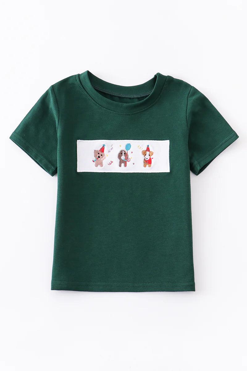 Green Dog Embroidery Birthday Boy Top - Braxton Rayemyer 