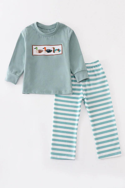 Sage Three Ducks Embroidery Stripe Boy Set - Braxton Rayemyer 