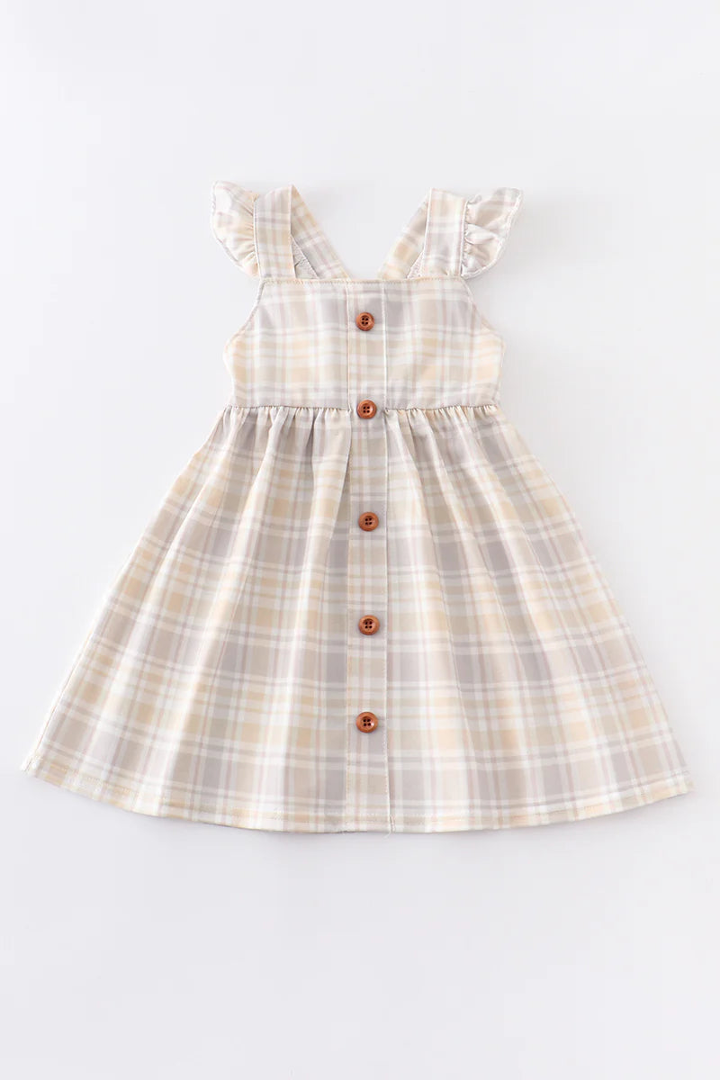 Plaid Flutter Trim Buttons Girl Dress - Braxton Rayemyer 