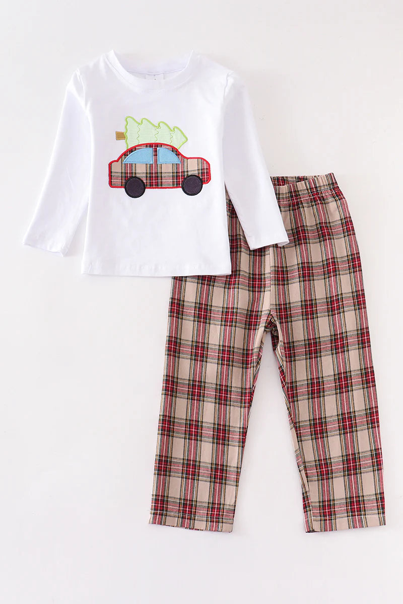 Christmas Car Appliqué Plaid Pants Set - Braxton Rayemyer 