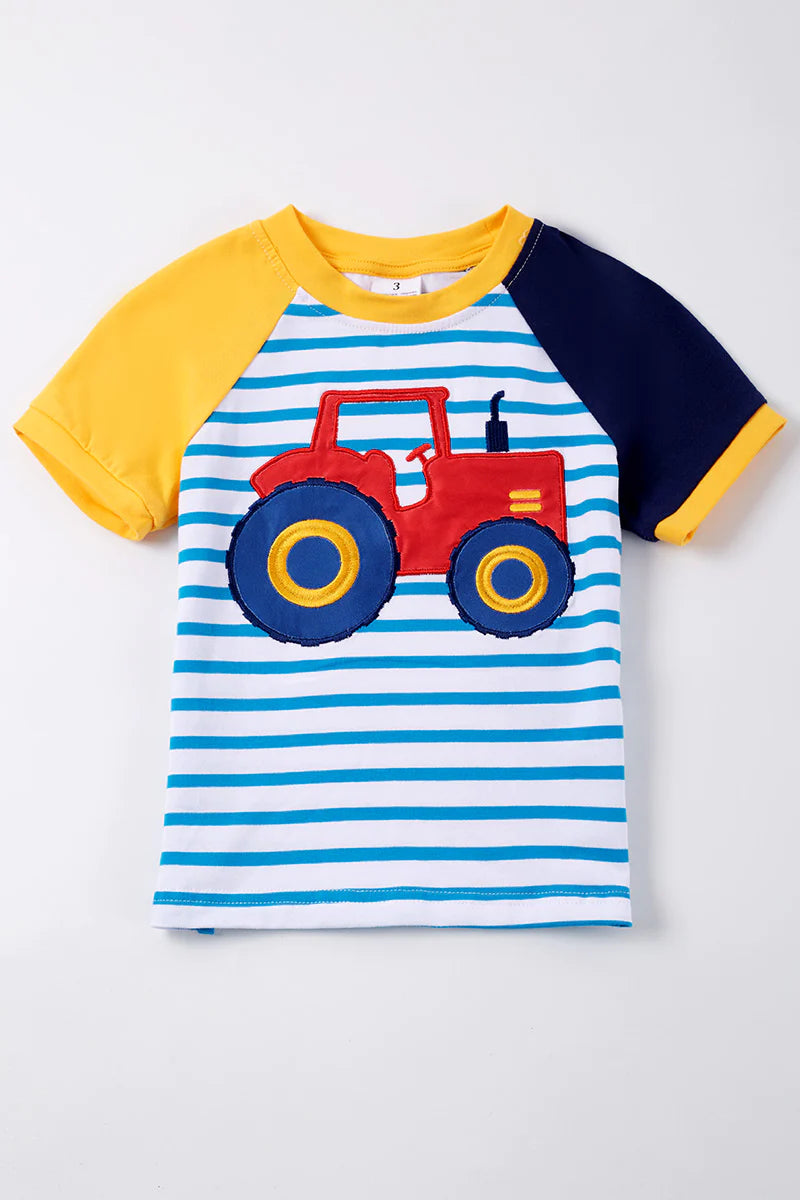 Blue Stripe Tractor Appliqué Boy Top - Braxton Rayemyer 