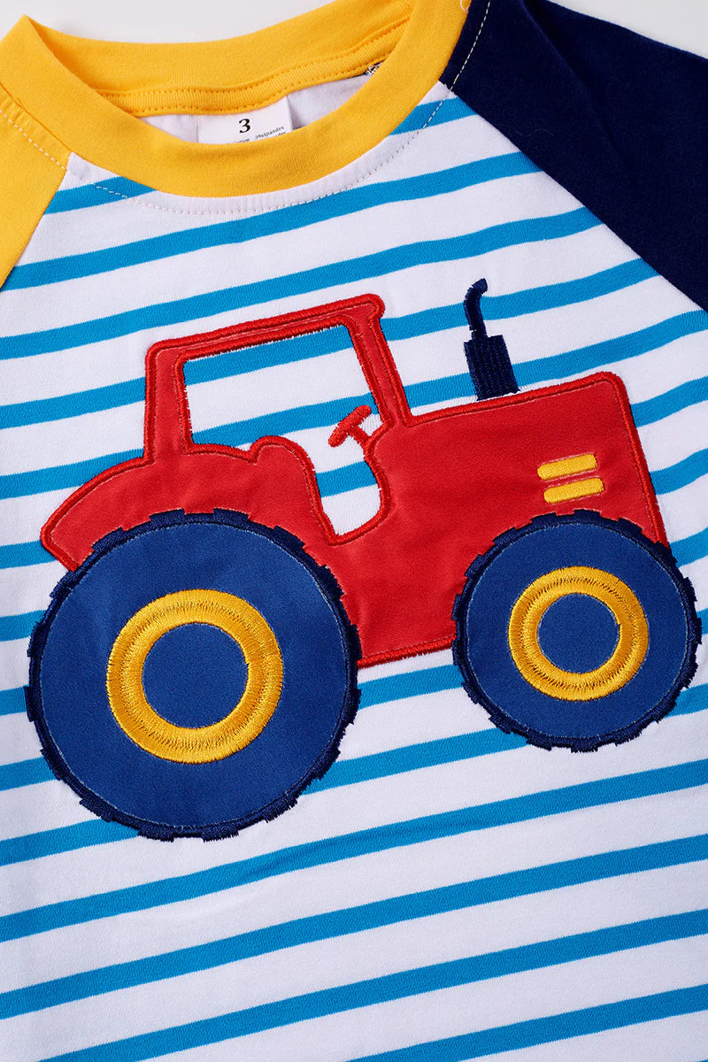 Blue Stripe Tractor Appliqué Boy Top - Braxton Rayemyer 