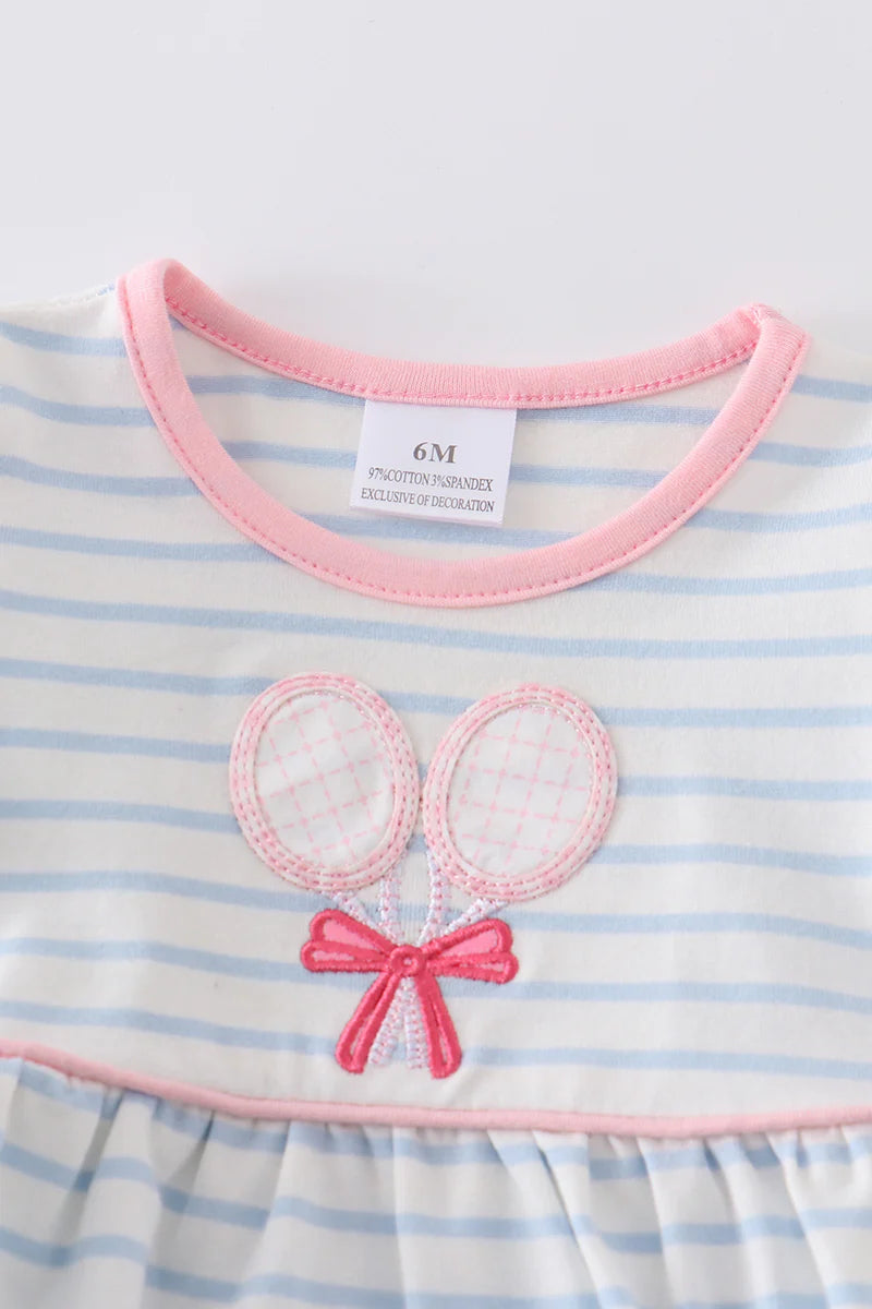 Blue stripe badminton racket appliqué baby romper - Braxton Rayemyer 