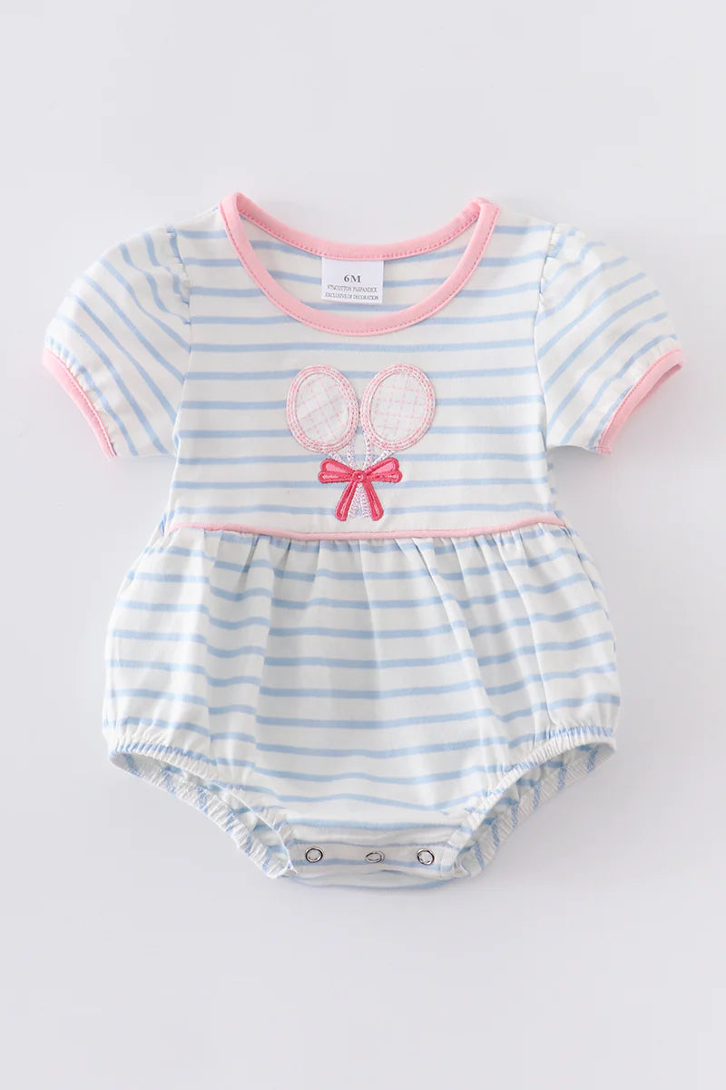 Blue stripe badminton racket appliqué baby romper - Braxton Rayemyer 