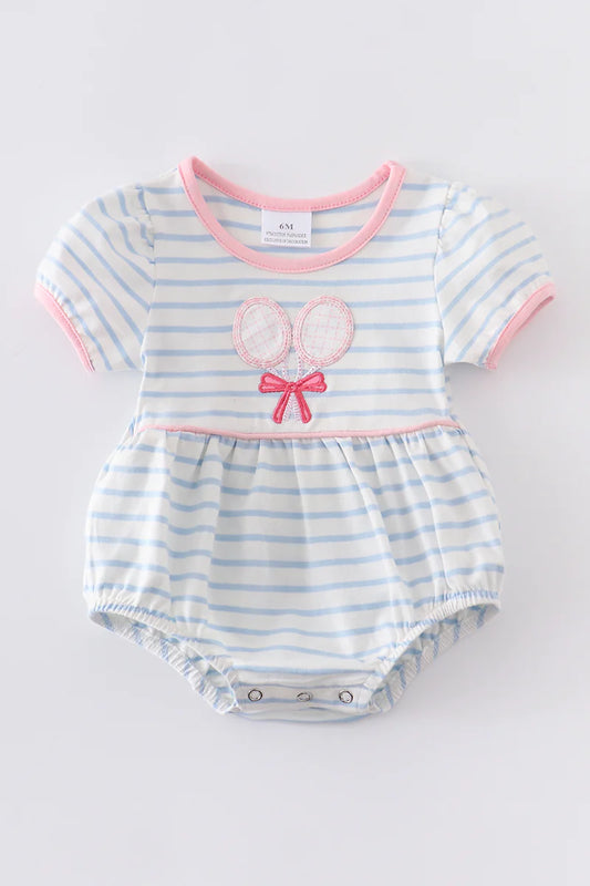 Blue stripe badminton racket appliqué baby romper - Braxton Rayemyer 