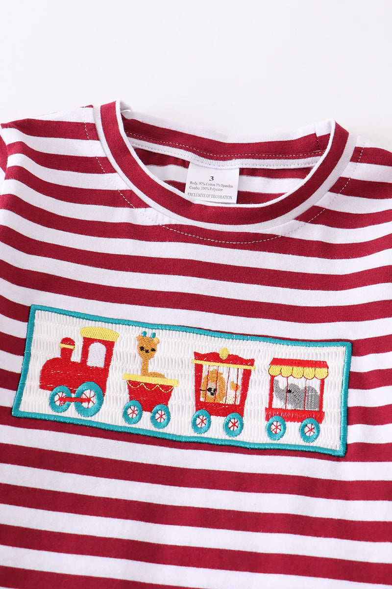 Red Stripe Train Animals Appliqué Boy Set - Braxton Rayemyer 