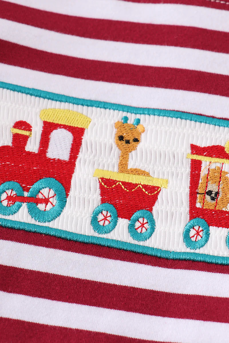 Red Stripe Train Animals Appliqué Boy Set - Braxton Rayemyer 