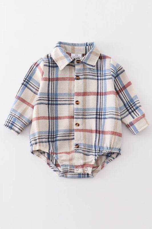 Blue Plaid Button Down Baby Boy Romper - Braxton Rayemyer 