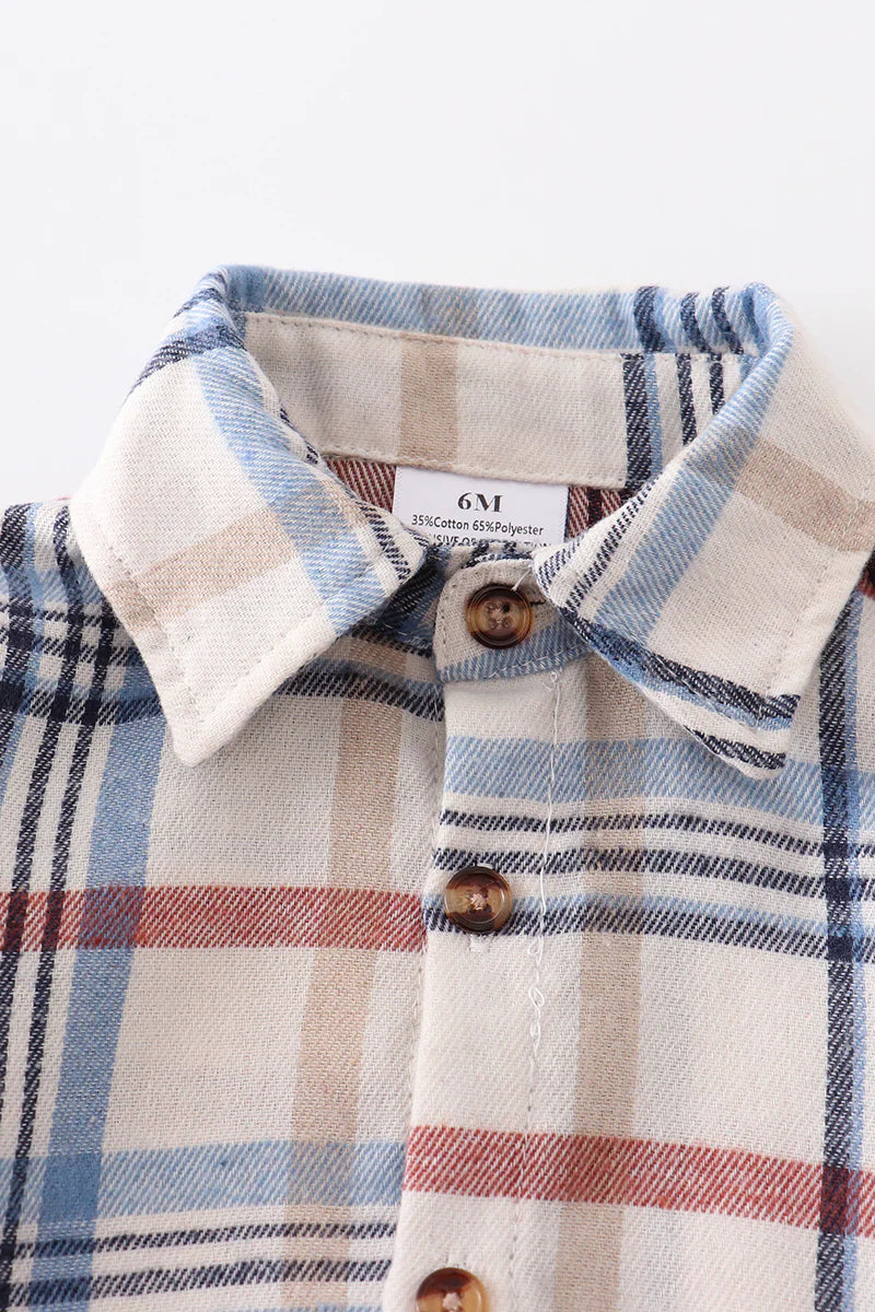 Blue Plaid Button Down Baby Boy Romper - Braxton Rayemyer 