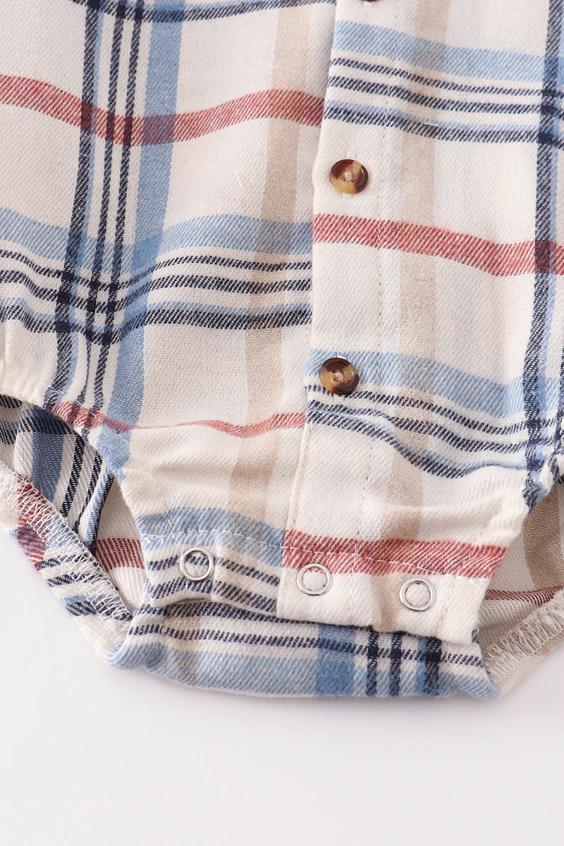 Blue Plaid Button Down Baby Boy Romper - Braxton Rayemyer 