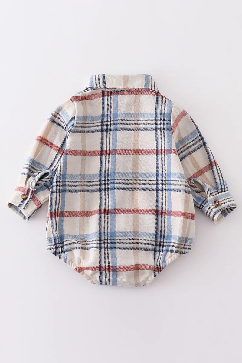 Blue Plaid Button Down Baby Boy Romper - Braxton Rayemyer 