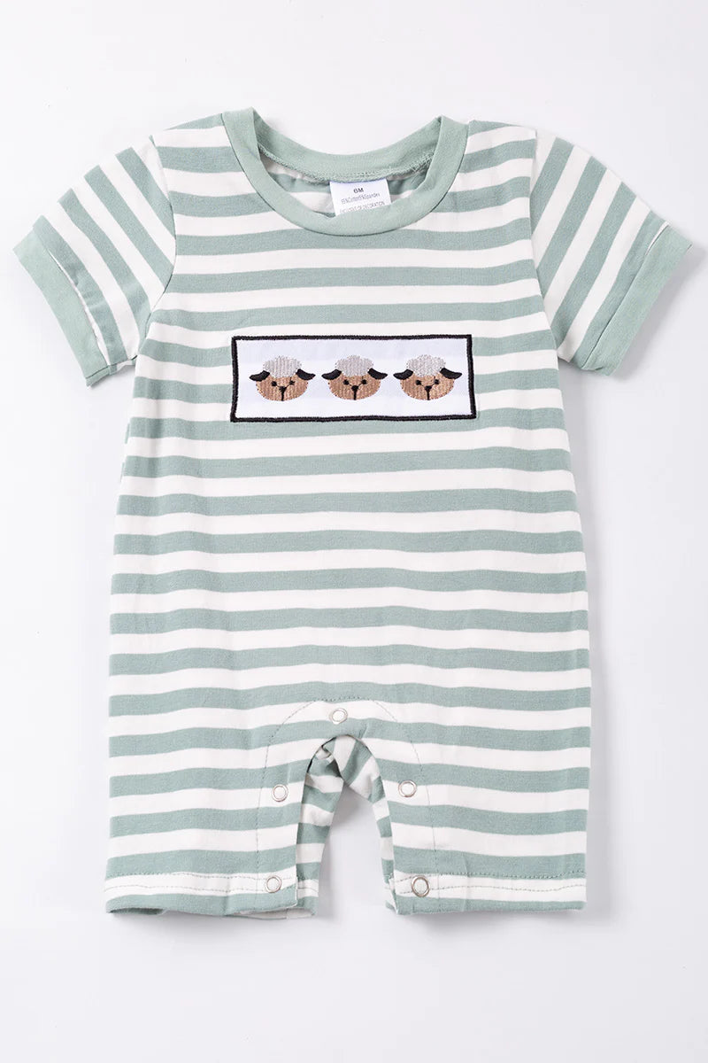 Green Stripe Sheep Appliqué Boy Romper - Braxton Rayemyer 