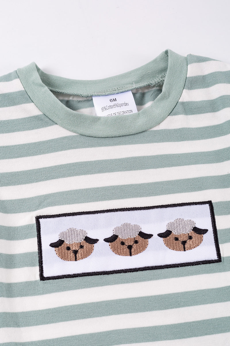 Green Stripe Sheep Appliqué Boy Romper - Braxton Rayemyer 