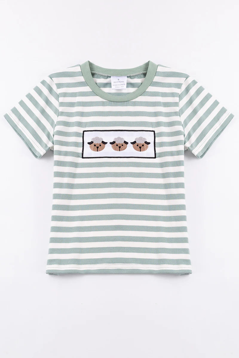 Green Stripe Sheep Appliqué Boy Top - Braxton Rayemyer 