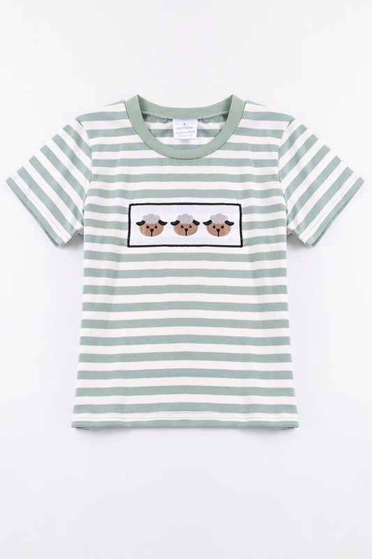 Green Stripe Sheep Appliqué Boy Top - Braxton Rayemyer 