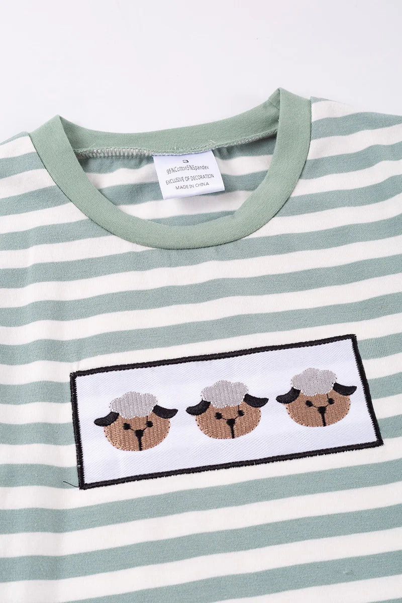 Green Stripe Sheep Appliqué Boy Top - Braxton Rayemyer 