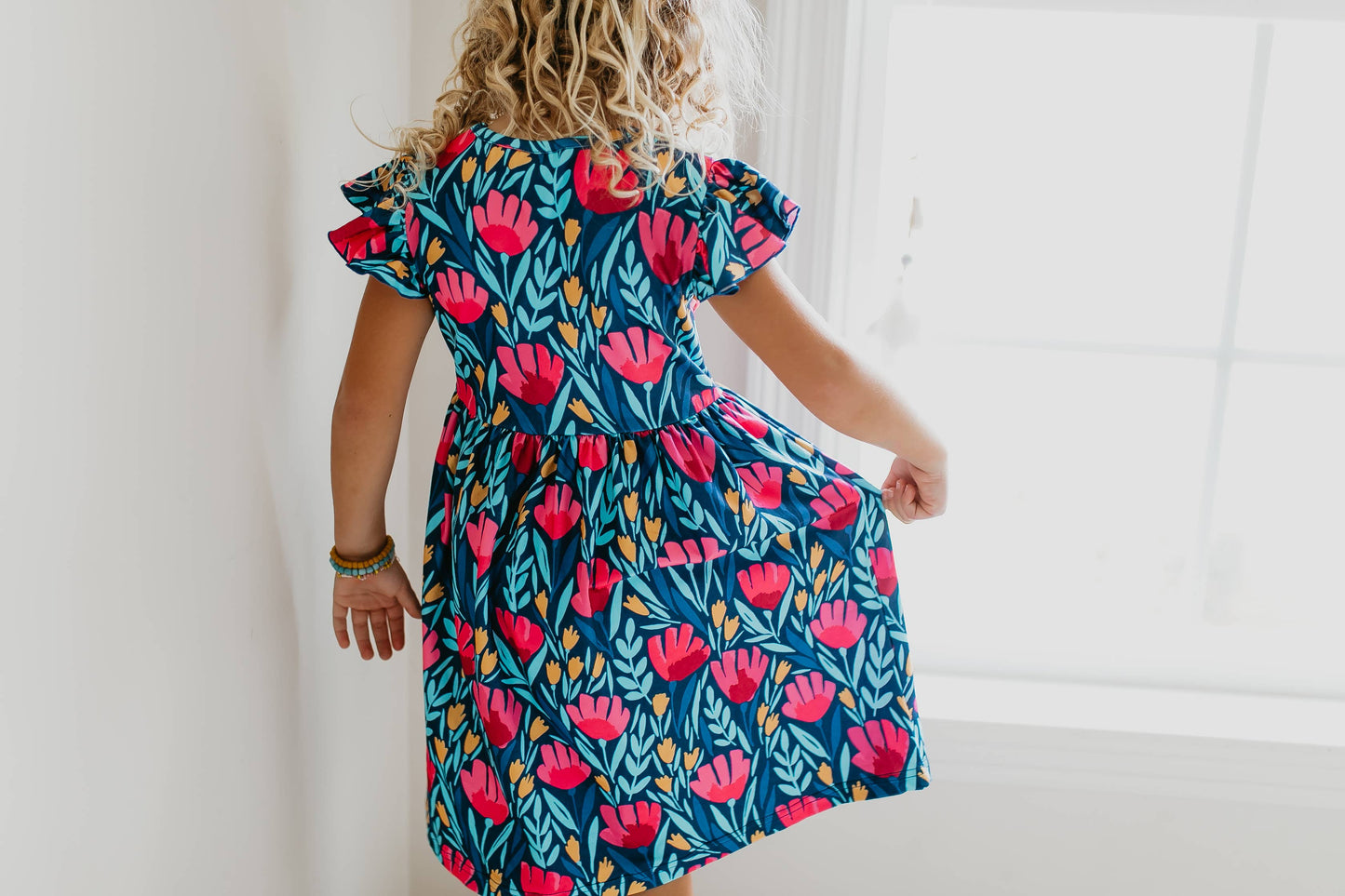 Blue Floral Flutter Sleeve Dress